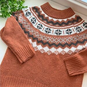 Aerie Fair Isle Cowl Neck Sweater - Rust and White Size Small